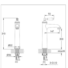 Deck Mounted Traditional Tall Basin Tap with White Ceramic Lever - Chrome technical details