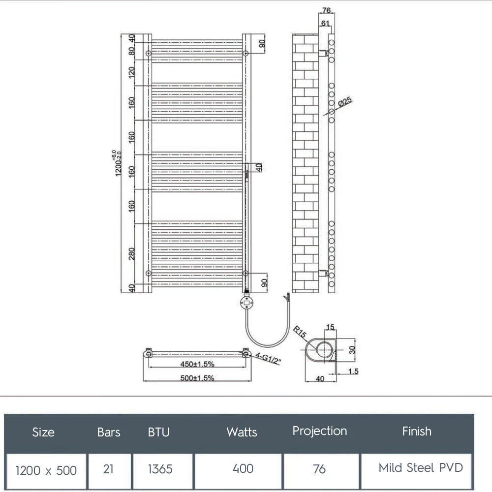 Electric towel radiator - Technical drawing