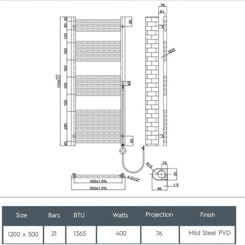 Electric heated towel rail radiator - Technical drawing