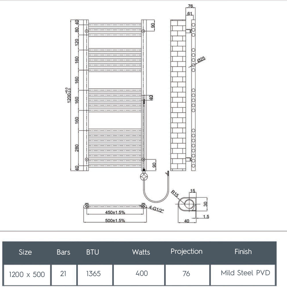gold bathroom towel radiator - Technical drawing