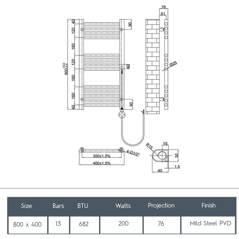 Electric towel rail radiator - Technical drawing