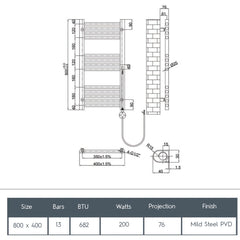 Electric towel rail radiator - Technical drawing