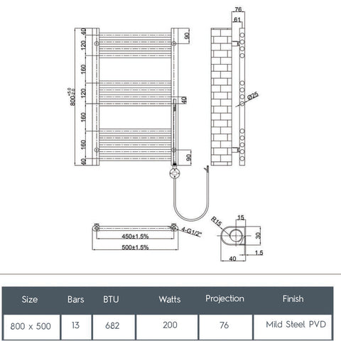 Bronze towel radiator - Technical drawing