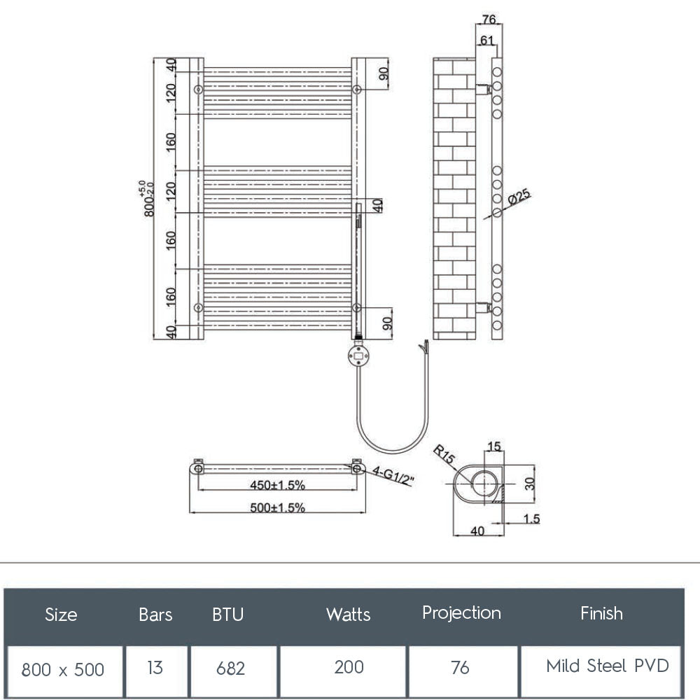 Heated towel rail brushed gold -Technical drawing
