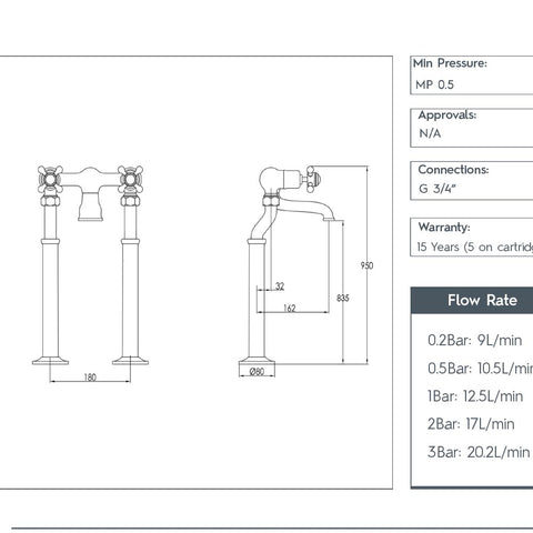 Gold floor-mounted filler tap - Technical drawing