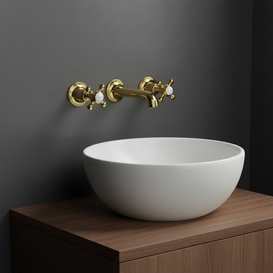 3-Hole Wall-Mounted Crosshead Basin Mixer Tap - Polished Gold