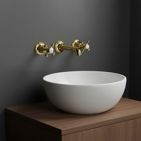3-Hole Wall-Mounted Crosshead Basin Mixer Tap - Polished Gold