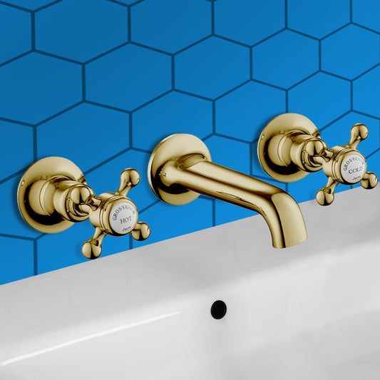  Cross 3 Hole Gold Basin Taps with Wall Mounted Fitting 1000