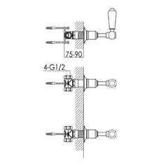 Brass wall mounted valve - Technical drawing