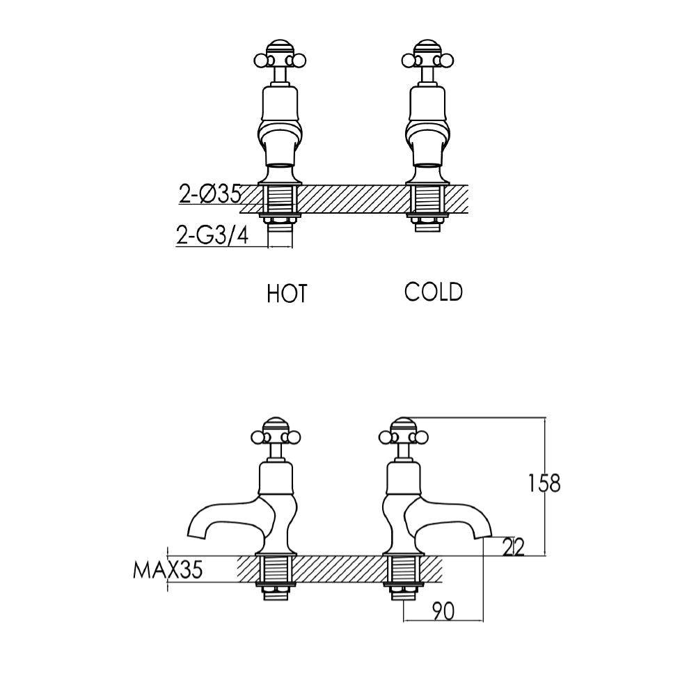 Gold Cross Bath Taps technical drawing