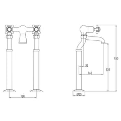 Victorian-style bath filler tap - Technical drawing
