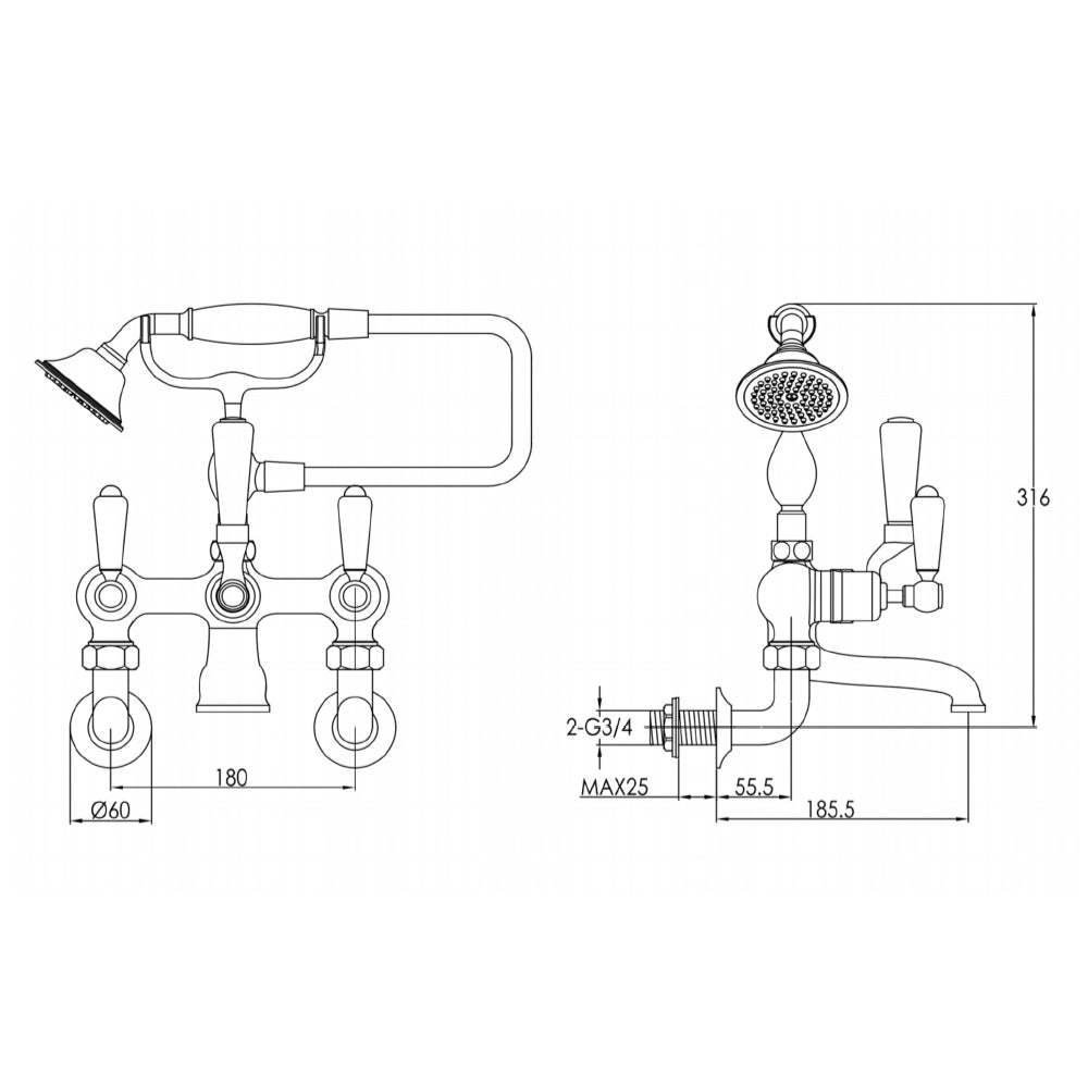 Gold wall mounted bathroom tap technical drawings - tapron