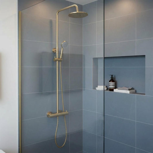 Gold Bath Shower Mixer Rigid Riser Shower Kit - Brushed Brass 1200
