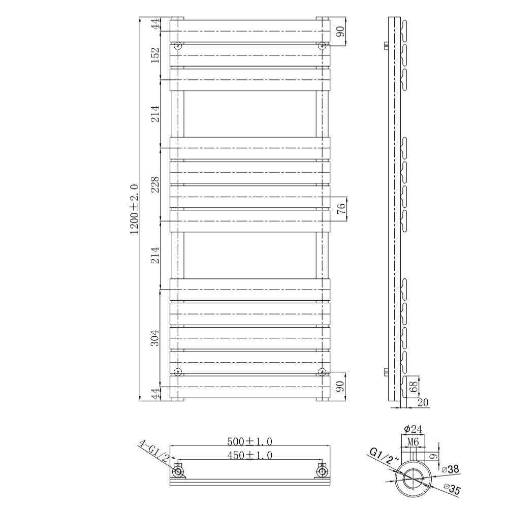 Steel Heated Towel Rail technical drawing