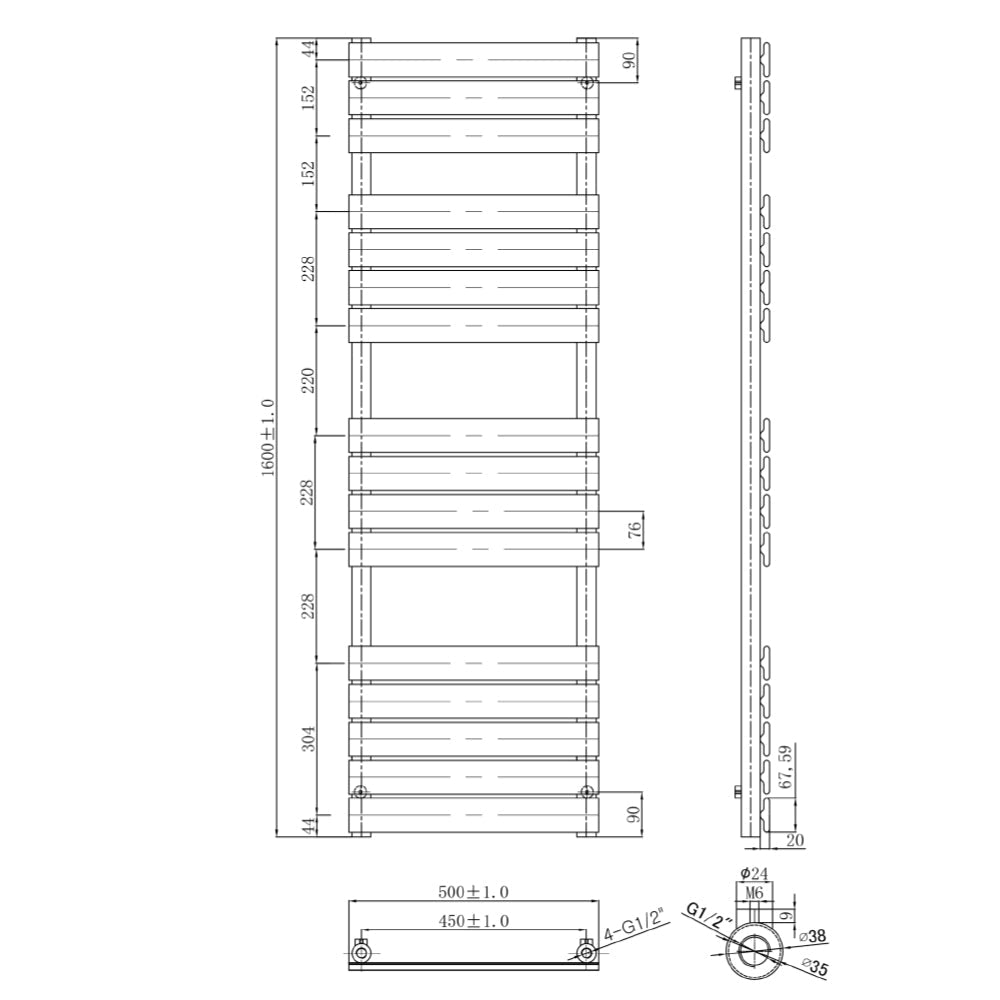 Vertical Gold Towel Radiator Technical Drawing