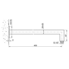 INOX Wall Mounted Square Shower Arm - Technical Drawing