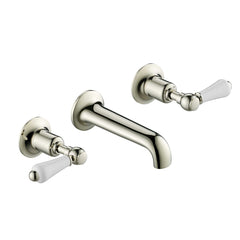 Victorian-style wall mounted basin tap with two white lever handle - Nickel Finished