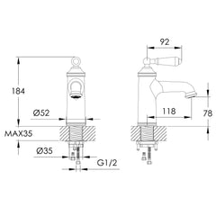 Chrome Old Fashioned Tap - Technical drawing