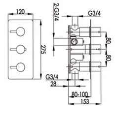 Luna Thermostatic 2 Outlet Shower Valve - Technical drawing