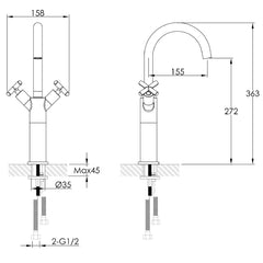 Black tap for countertop basin - technical drawing