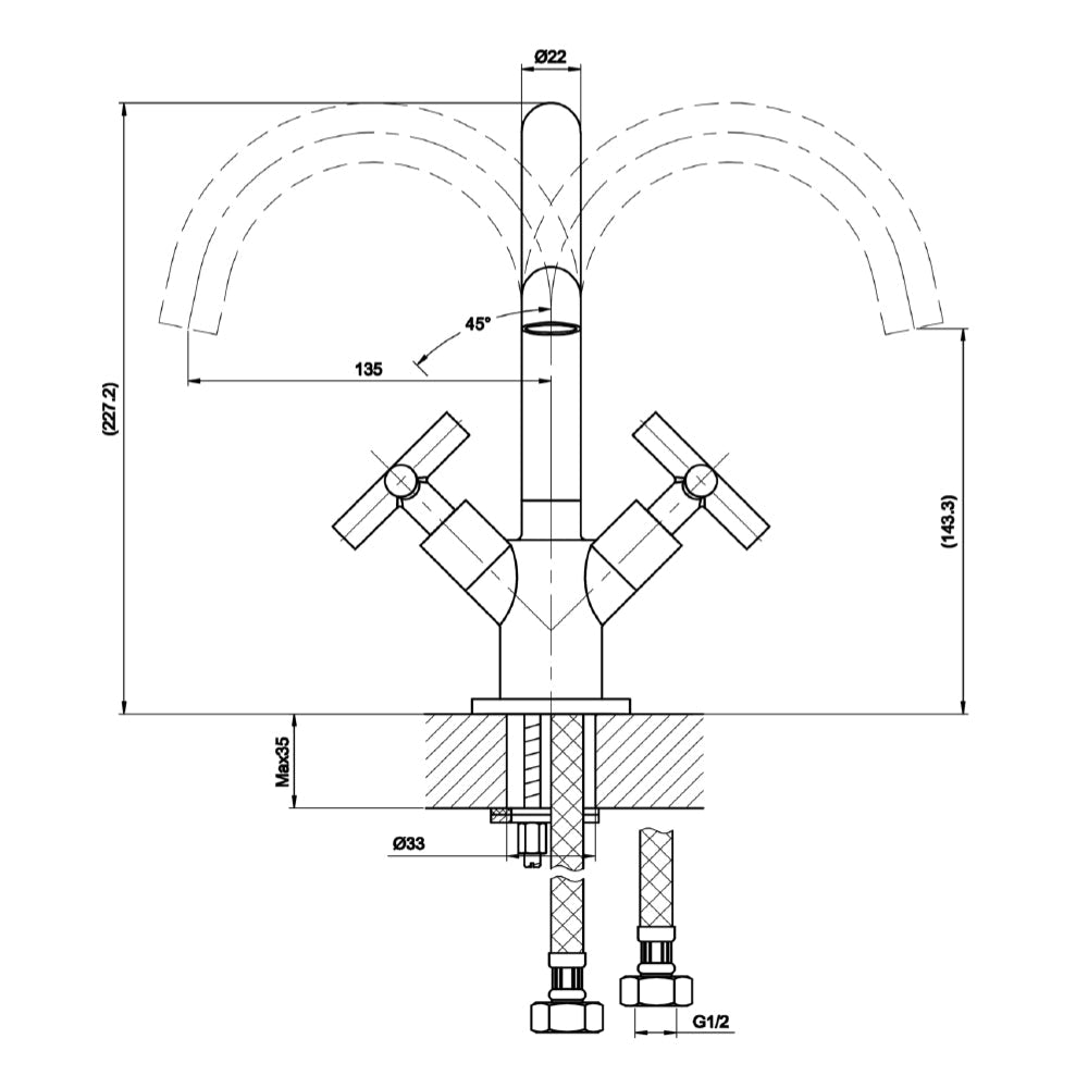 Mono Basin Mixer Tap technical drawings