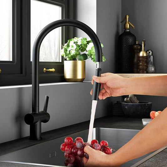Black kitchen mixer tap with pull out spray 1800