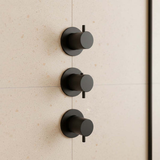 Matt Black Concealed Thermostatic 3 Handles 2 Outlet Shower Valve - in Ireland 1200