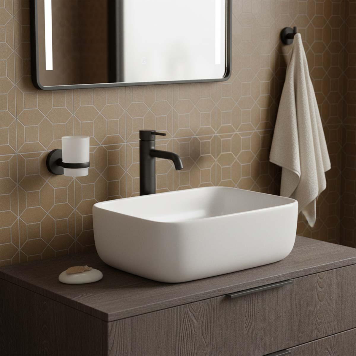 Matt Black Toothbrush Tumbler Holder and Single Towel Hook