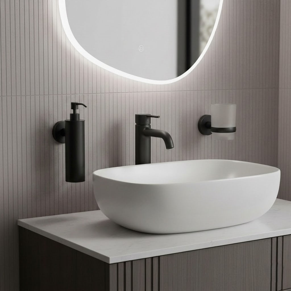 Matt Black Wall Mounted Soap Dispenser and Tumbler Holder