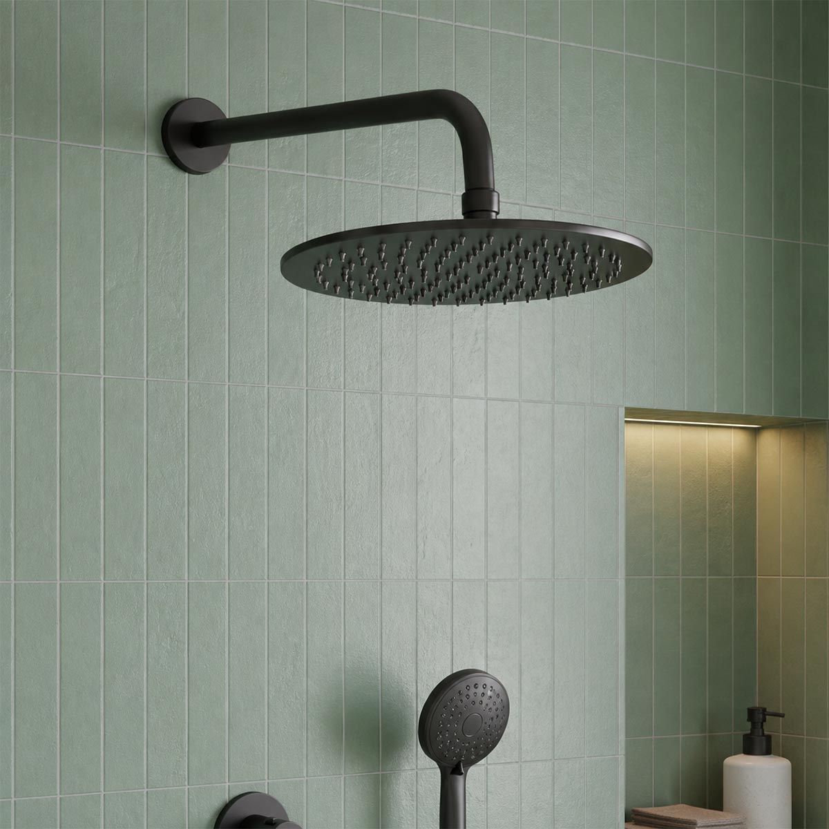 Matt black shower arm 400mm and 300mm shower head wall mounted