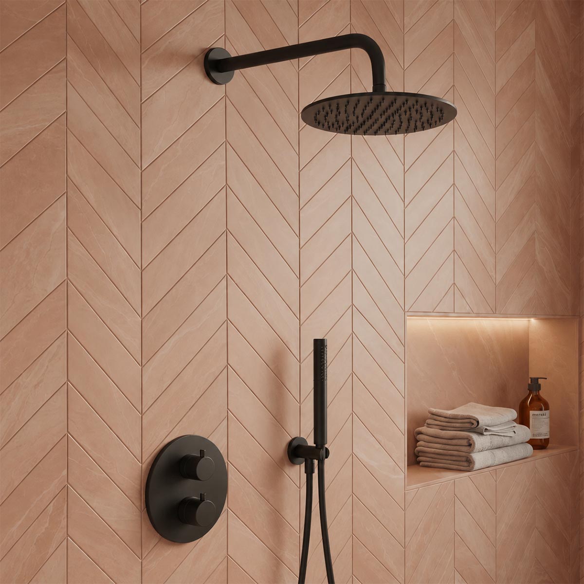 Matt black shower arm and shower head wall mounted