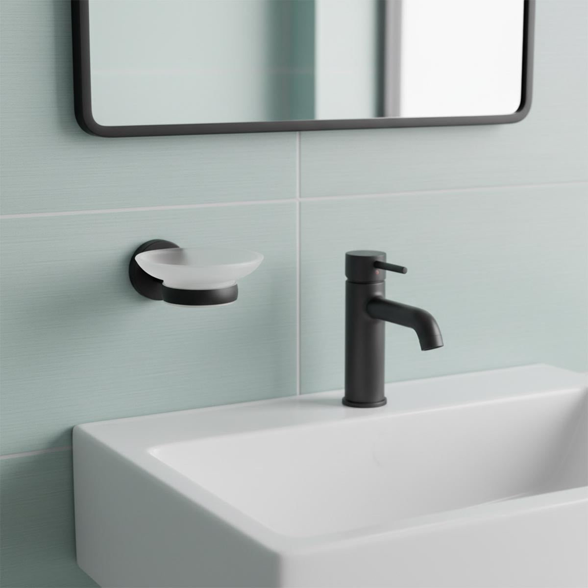 Matt black soap dish with frosted glass