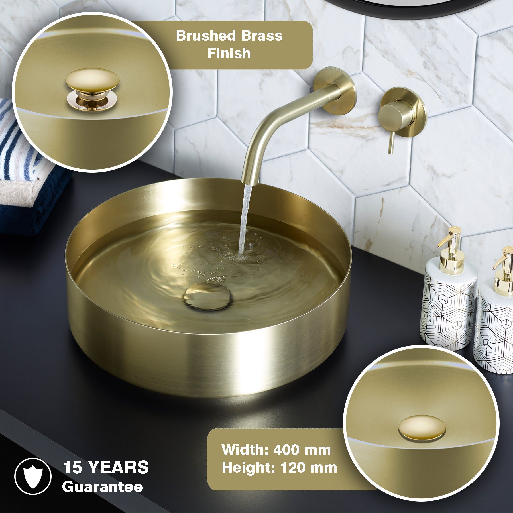 Gold Round Bathroom Countertop Basin - Brushed Brass Finish-Tapron