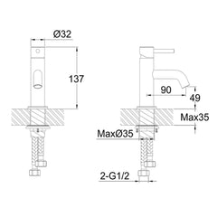 Mini basin mixer tap - Technical drawing