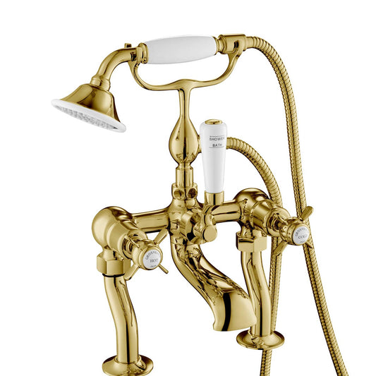 Pinch Traditional Deck Mounted Bath Shower Mixer - Polished Gold 1200
