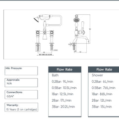 Pinch Traditional Deck Mounted Bath Shower Mixer - Polished Gold technical details