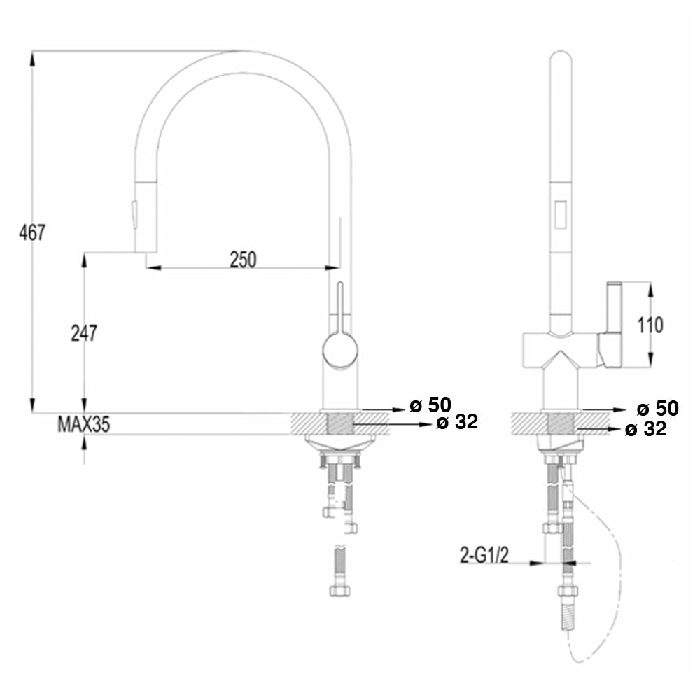 Copper Kitchen Tap Technical Drawing