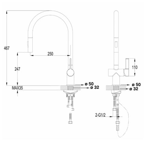 Copper Kitchen Tap Technical Drawing