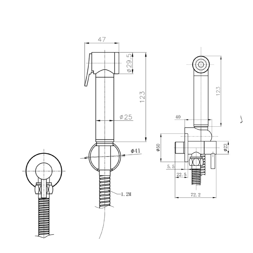 Round Douche Shower Spray Kit with Shut Off Valve Brushed Black technical drawing