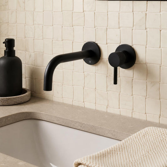 Single Lever Wall Mounted Basin Mixer Tap with Knurled Handle - Matt Black 1200