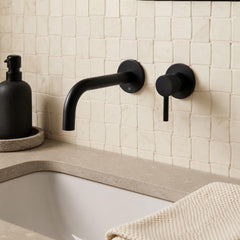 Single Lever Wall Mounted Basin Mixer Tap with Knurled Handle - Matt Black