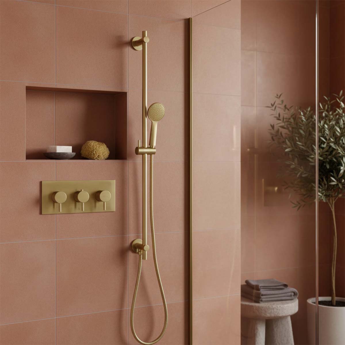 Slider Shower Rail Kit Round Shower Handset and Hose - Brushed Brass