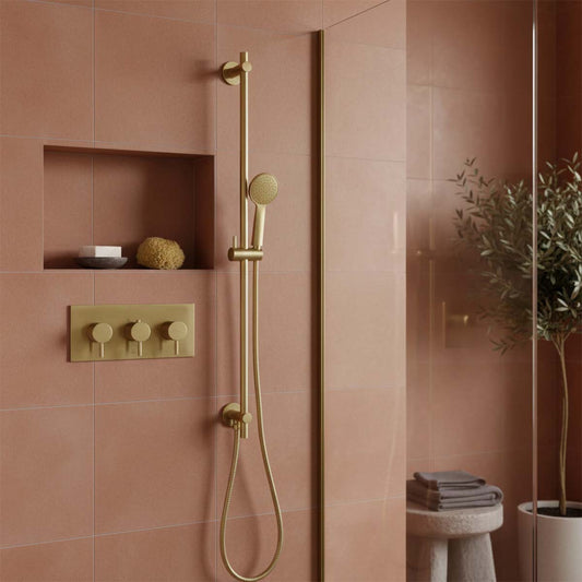Slider Shower Rail Kit Round Shower Handset and Hose - Brushed Brass 1200