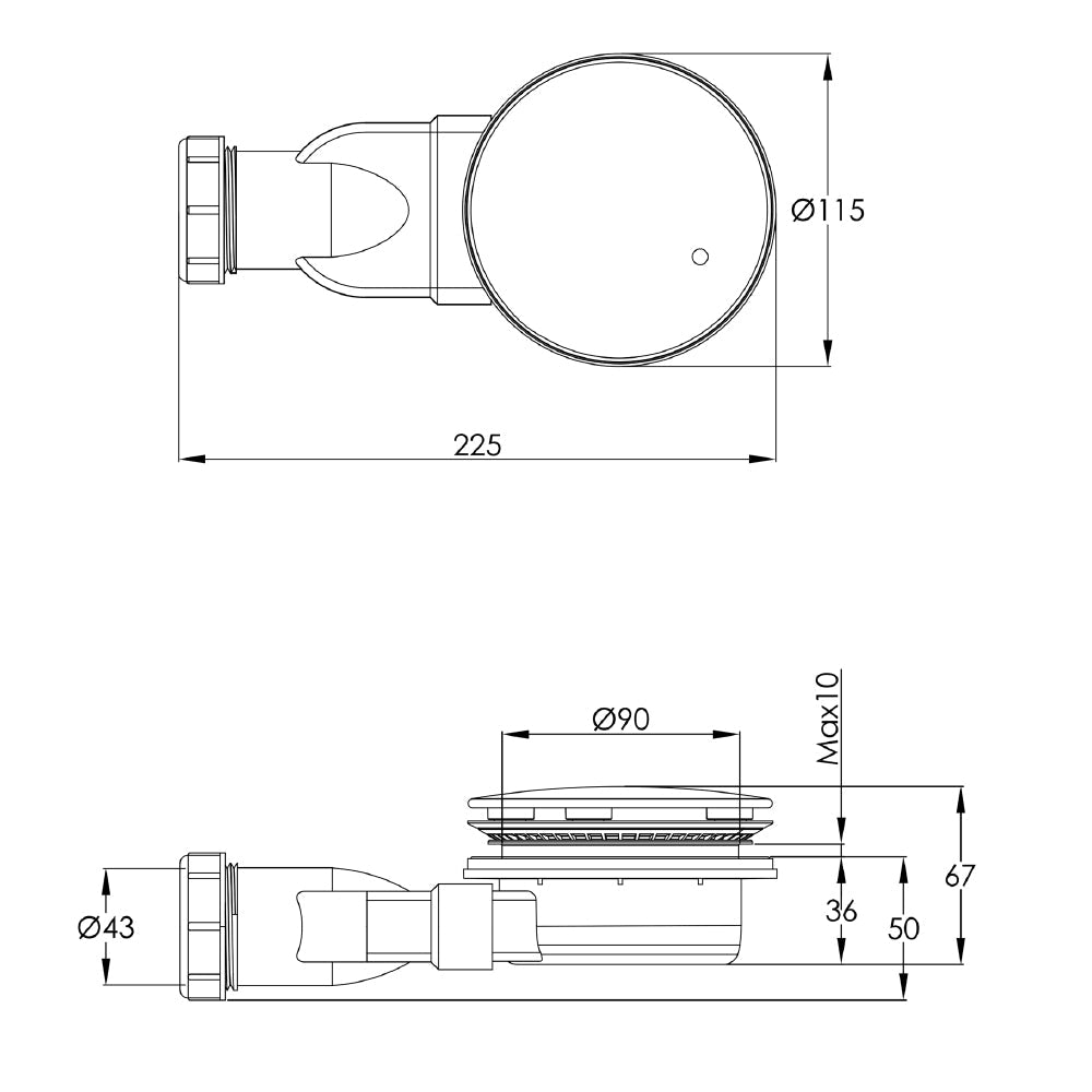 Slim Gold Shower Waste Technical Drawing