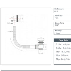 Slimline Exofil Bath Filler with Click Clack Waste - Nickel technical details