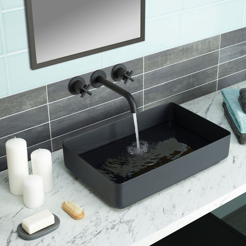 Rectangular Black Countertop Sink & Wall Mounted Black Basin Mixer Tap Combo