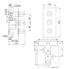3 way shower valve - Technical drawing