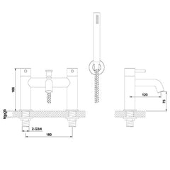 Brushed steel 2-outlet bath shower mixer tap kit - Technical drawing