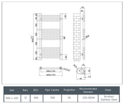 stainless steel towel rail radiator technical drawing
