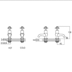Brass traditional pillar bath tap - Technical drawing